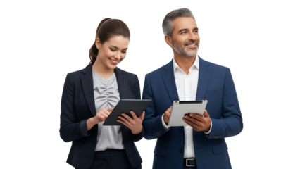 Confident diverse business colleagues, a man in a blue suit and a woman in pinstripes, smiling while interacting with digital tablets, representing modern professionalism and teamwork, isolated on tra