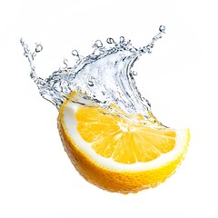 Fresh lemon slice captured mid-air with dynamic water splashes, emphasizing vibrant yellow flesh, juicy texture, and refreshing citrus freshness.