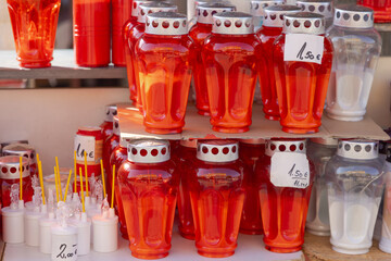 New Red Votive Plastic Candle Holders and Led Lamps at Shelf