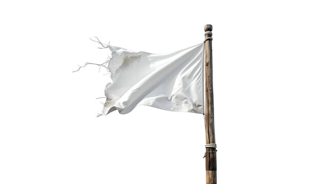 Torn and weathered white flag on a wooden pole against a stark black background