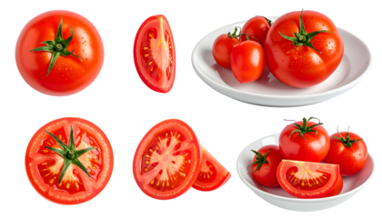 Assortment of fresh red tomatoes in various cuts, whole and sliced, on a black background