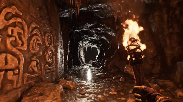 Handheld torchlight illuminates ancient carvings along a dark, subterranean cave passage, inviting exploration.