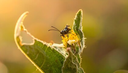 Macro Shot of a Small Black Insect on a Vibrant Yellow Flower at Sunset