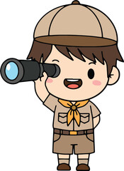 Curious young scout exploring with binoculars on adventure