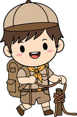A cheerful young scout with a backpack ready for an exciting outdoor adventure in nature