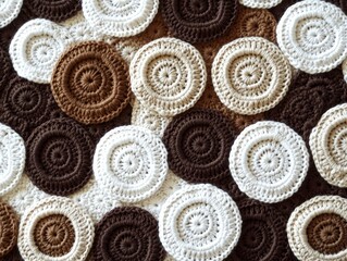 Brown and white circles are crocheted together to create a textured background.
