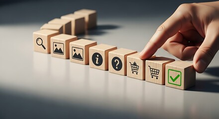 Hand arranging wooden blocks with various icons representing a business process or workflow.