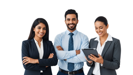 Diverse business team of confident professionals featuring two women and one man, posing happily in corporate attire with a tablet, isolated on transparent background.