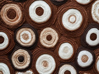 Brown and white circles are crocheted together to create a textured background.
