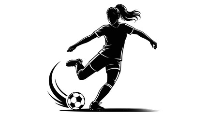 A powerful silhouette illustration of a female soccer player in full action, kicking a ball