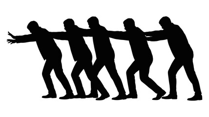 A group of silhouettes pushing forward in a unified display of teamwork.