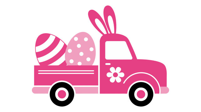 A festive pink pickup truck with bunny ears carries patterned easter eggs for decoration