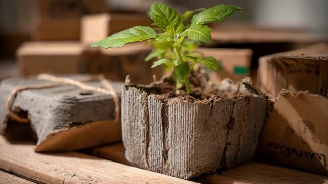 Medium shot of ecofriendly sapling packaging made from biodegradable materials highlighting natural texture and sustainable farming practices.