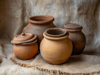 Clay pots with lids sitting on burlap. Simple village life.
