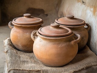 Clay pots with lids sitting on burlap. Simple village life.

