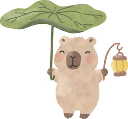 Cute Capybara Holding Leaf Umbrella and Lantern in Rain
