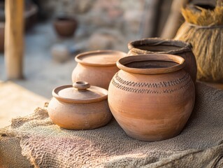 Clay pots with lids sitting on burlap. Simple village life.
