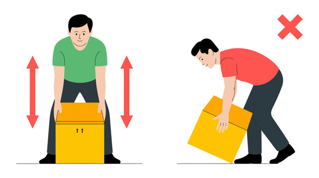 Safe lifting techniques comparing proper and improper methods to prevent back injury