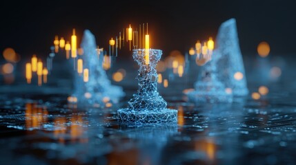 Abstract digital chess rook with financial candlestick charts representing strategic investment and market analysis