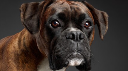 Dog with brown and black fur looks at the camera with attention in a dark setting while showing its features