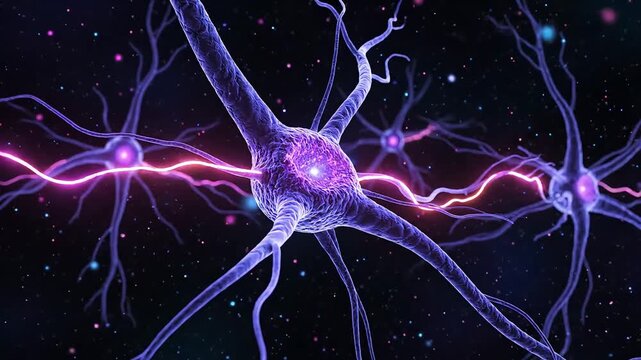 Neurons with glowing purple synapses and axons in a dark space.