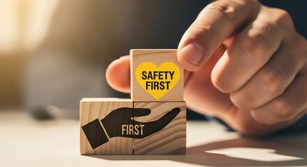 Hand placing a wooden block with SAFETY FIRST text and heart icon, emphasizing workplace safety and health protocols.