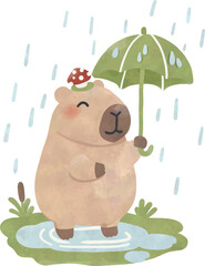 Cute Capybara Holding Umbrella with Flower on Rainy Day