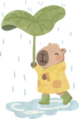 Cute Capybara Walking with Big Leaf Umbrella in Rain