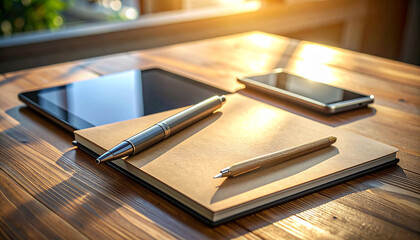Workspace Essentials: A tranquil workspace setting, featuring a tablet, a smartphone, two pens, and a notepad arranged on a wooden table, illuminated by natural light.
