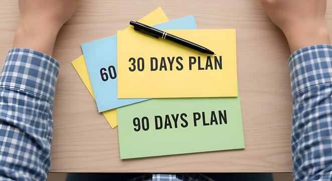 Person with 30, 60, and 90 Days Plan cards on a wooden desk with a pen.