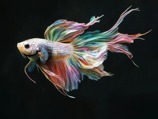 Colorful Siamese fighting fish (Rosetail Betta) swimming against a black background.
