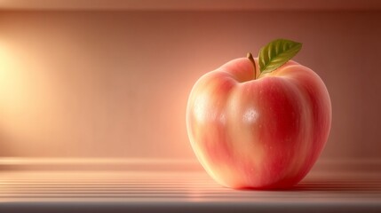 A close up of a red apple with a green leaf on top. The apple is sitting on a countertop or table