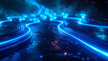 Illuminated Pathways: A captivating visual of glowing electric pathways, navigating the landscape of digital infrastructure. showcasing the brilliance of modern tech. 