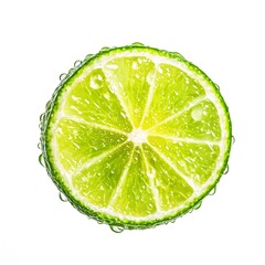 Fresh lime slice with visible water droplets, highlighting vibrant green citrus flesh, glossy texture, and natural freshness.