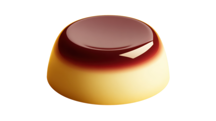 Creme caramel dessert features a glossy caramel sauce on top of a rich light yellow custard, created as a 3d illustration with a transparent background