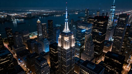 Nighttime cityscape with illuminated skyscrapers