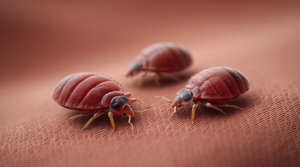 Close-Up View of Three Bed Bugs Crawling on Fabric Background Showing Detailed Texture and Color of Pests Infesting Homes and Furniture
