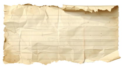 A weathered piece of lined paper, crumpled and torn, with a curled top corner