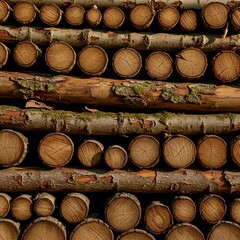 Piled timber logs showing natural wood grain, moss patches and circular cross-sections. 