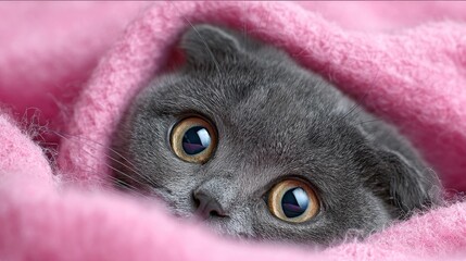 Gray cat peeking out from a pink blanket.