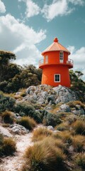 A vibrant orange lighthouse stands on a rocky hilltop.