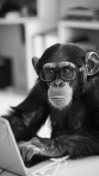 A monkey wearing glasses and using a laptop in an office setting.