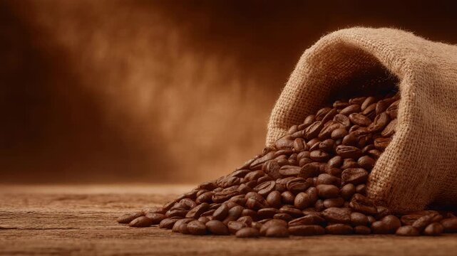 Rustic burlap sack filled with fresh coffee beans on wooden surface