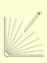 An open notebook and pencil. A book for a reader and writer. A notebook and pencil in a minimalist style.