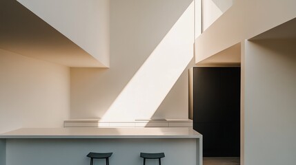 Sunlight streams through a modern, open-plan interior space.
