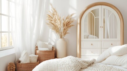 A serene bedroom interior with natural light and neutral tones.
