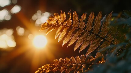 Golden sunlight illuminates a fern frond.