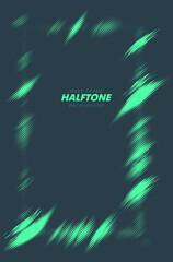 Abstract vector torn halftone fluid wavy rectangle frame. Scratched dotted pop art dynamic frame.