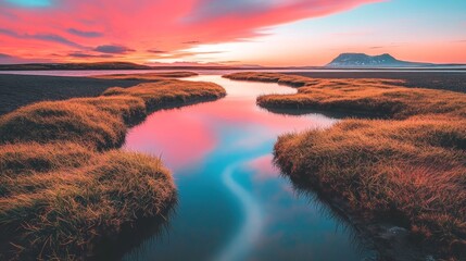 A tranquil stream winds through golden grasses at sunset.