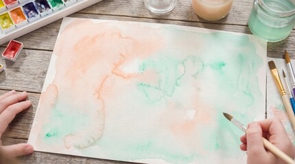 Person painting with watercolors on paper at a wooden table, mockup